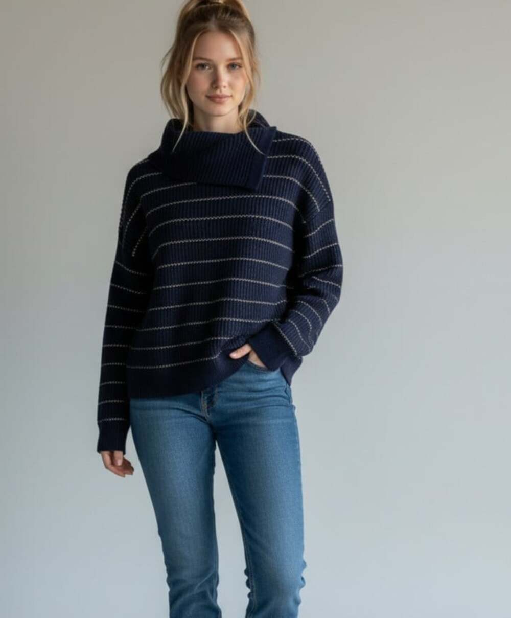 Etcetera Navy Blue Wool Blend Small Ribbed Asymmetrical Funnel Striped Sweater